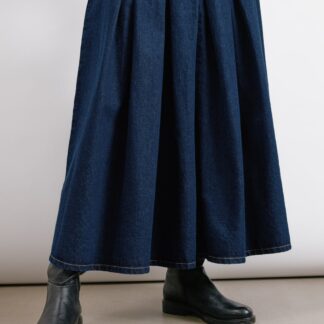 Albaray Pure Cotton Denim Pleated Midi A-Line Skirt Dark Indigo Mix