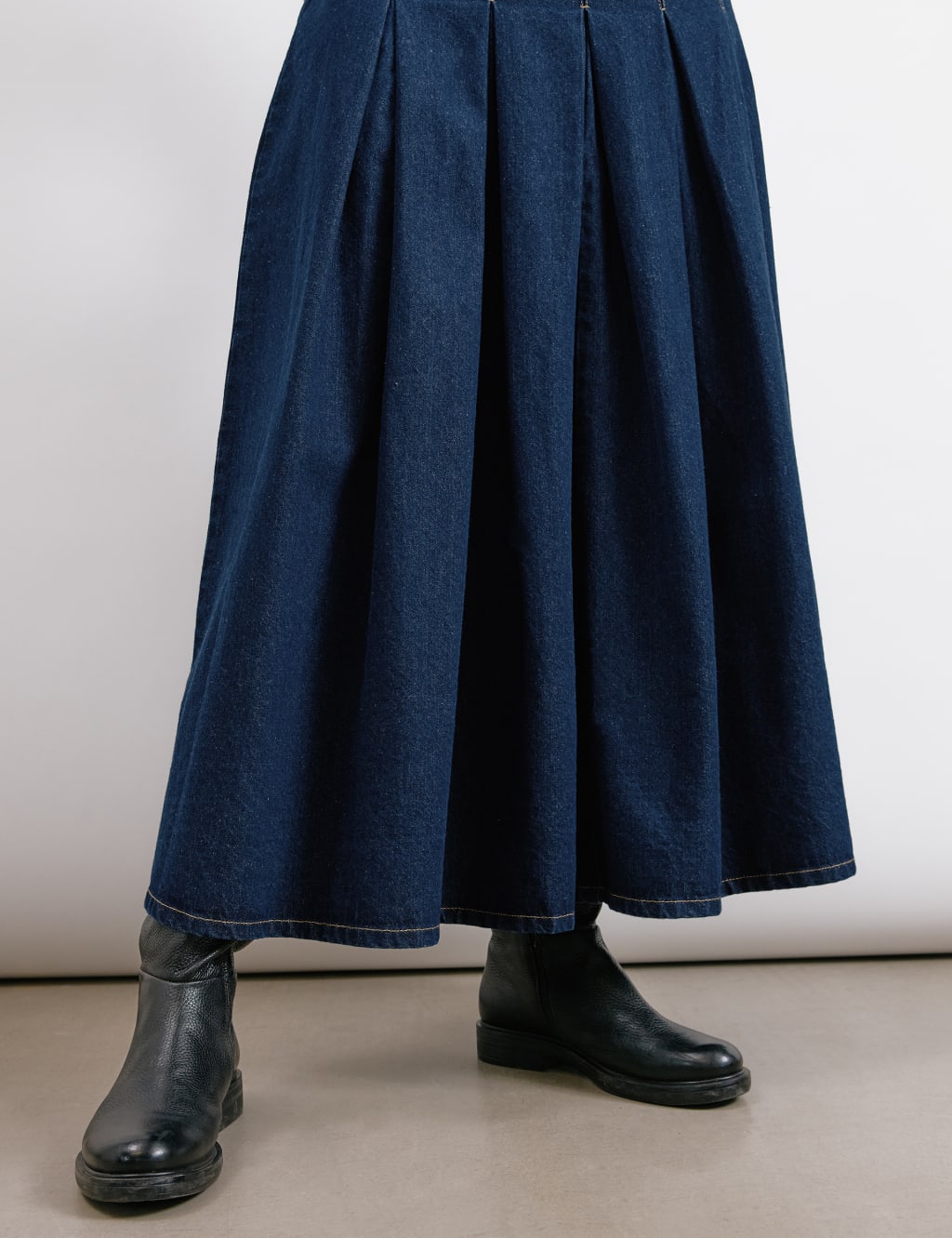 Albaray Pure Cotton Denim Pleated Midi A-Line Skirt Dark Indigo Mix
