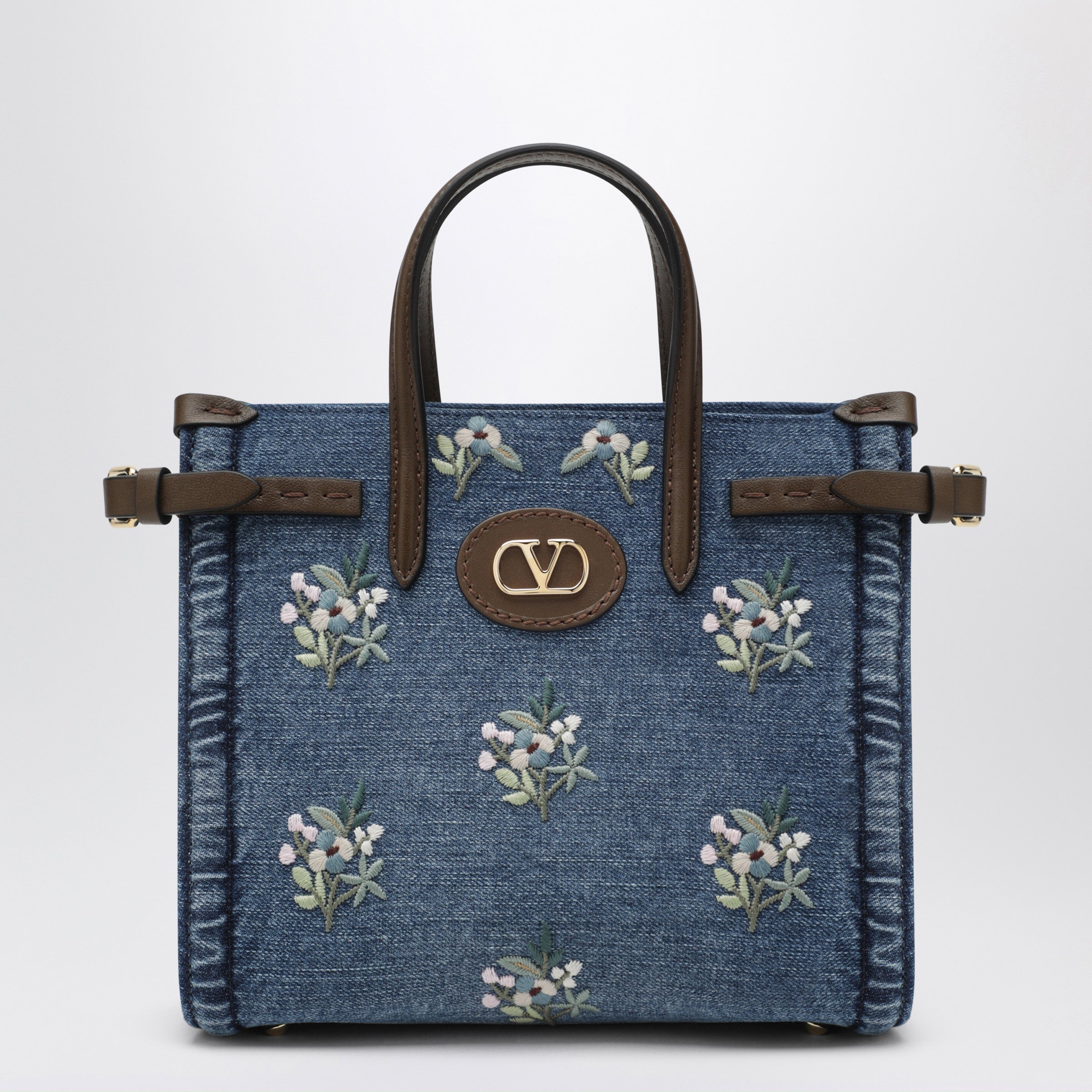 Antibes small embroidered denim shopping bag in blue