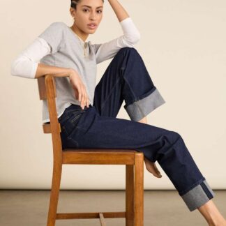 BAUKJEN Mid Rise Straight Leg Turn Up Jeans Dark Blue Denim