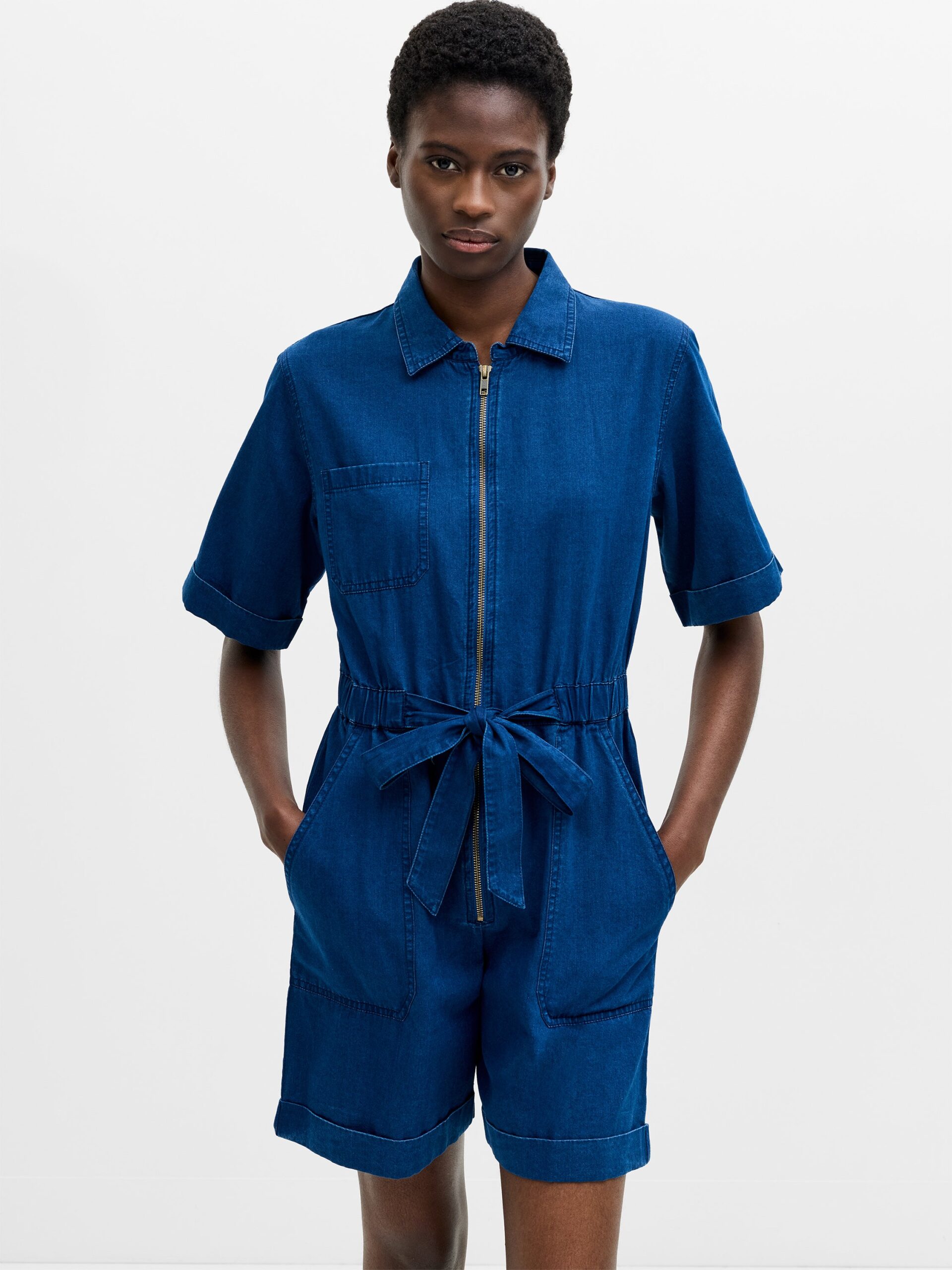 Chambray Denim Zip-Up Playsuit Mid Wash Chambray Blue