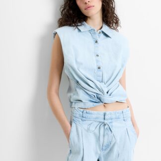 Chess Twist Cropped Denim Shirt Beach Blue