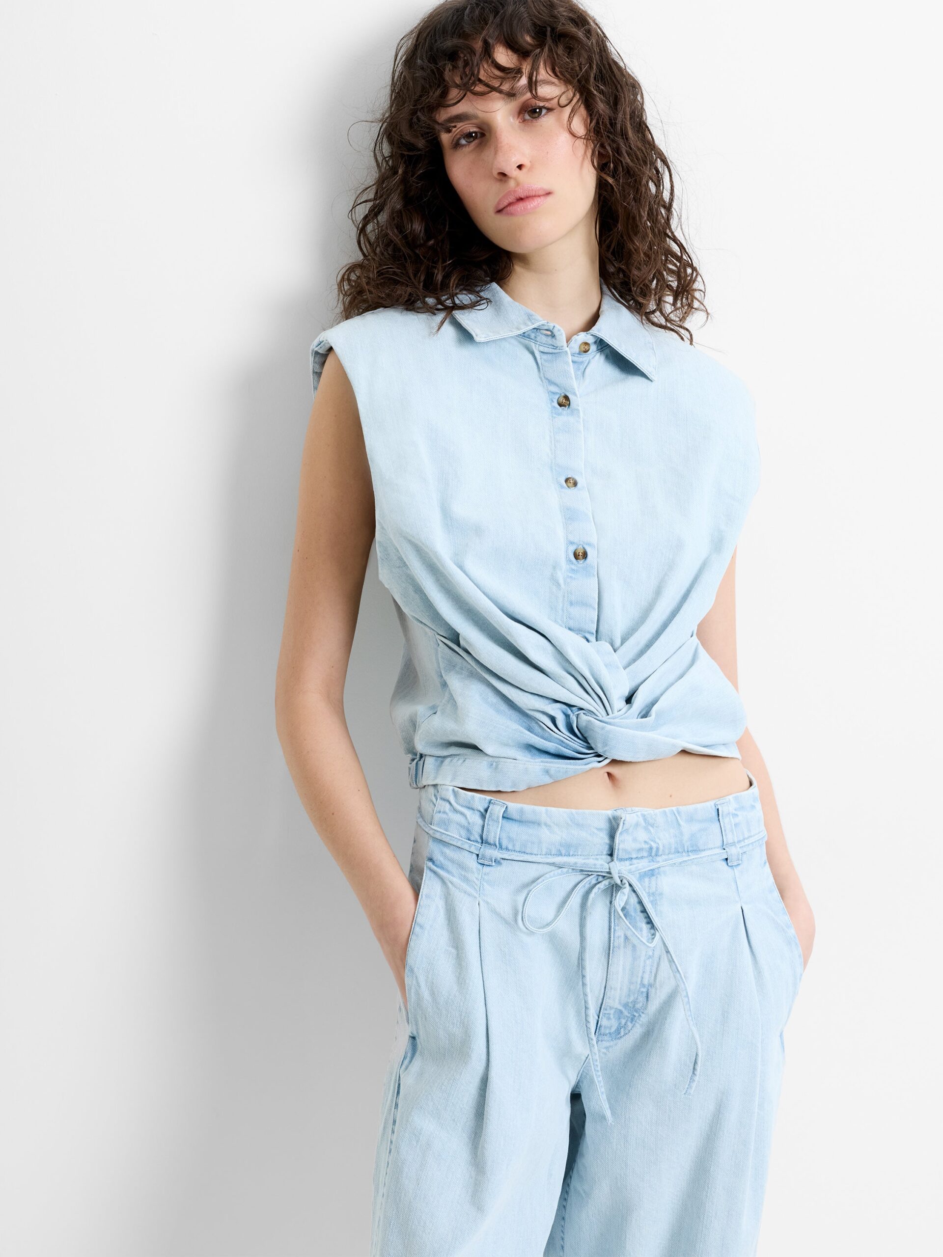 Chess Twist Cropped Denim Shirt Beach Blue