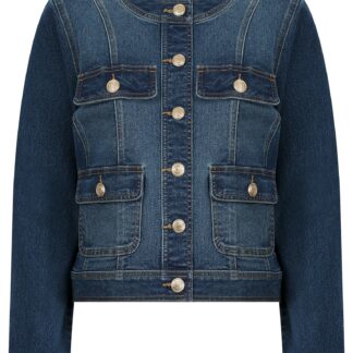 Coats / Jackets Calgary Women's Stretch Cotton Collarless Denim Jacket in Mid Blue - Amara Reya / 10 - Tokyo Laundry
