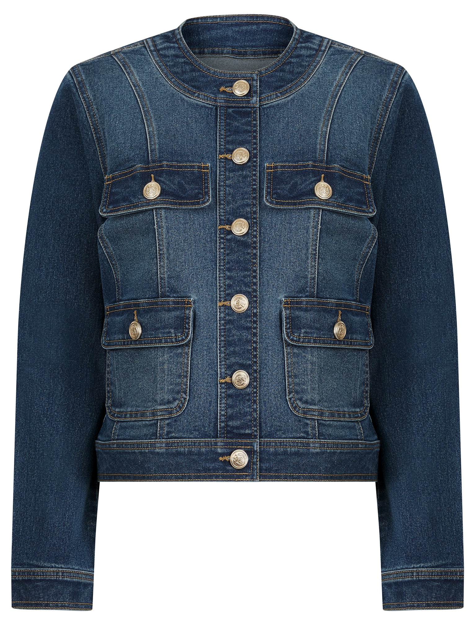 Coats / Jackets Calgary Women's Stretch Cotton Collarless Denim Jacket in Mid Blue - Amara Reya / 10 - Tokyo Laundry