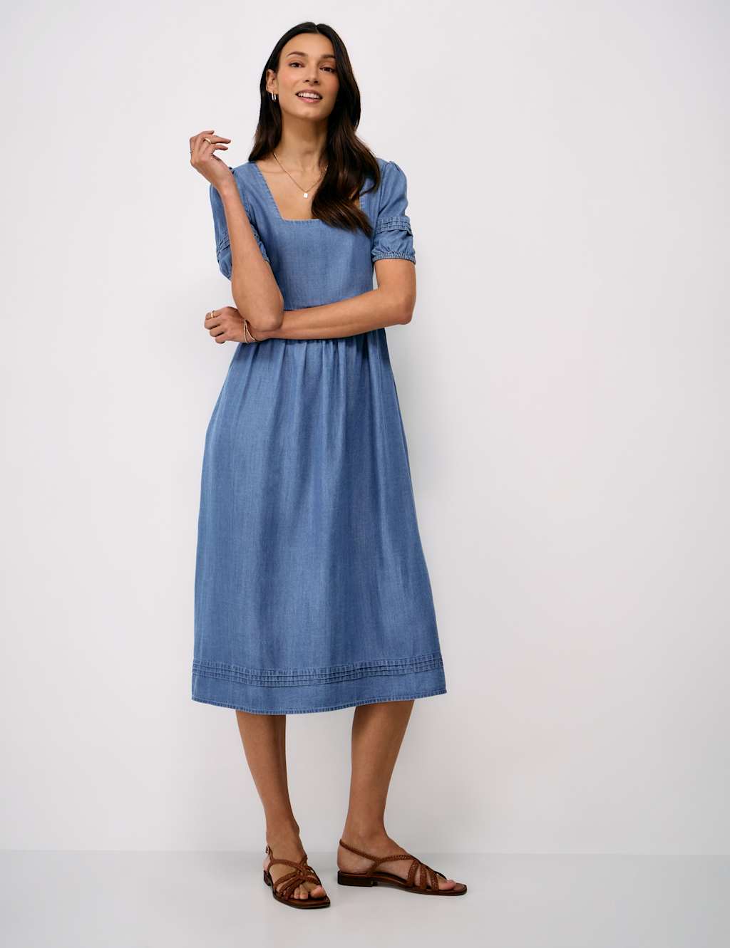 Crew Clothing Pure Lyocell Square Neck Midi Tea Dress Denim