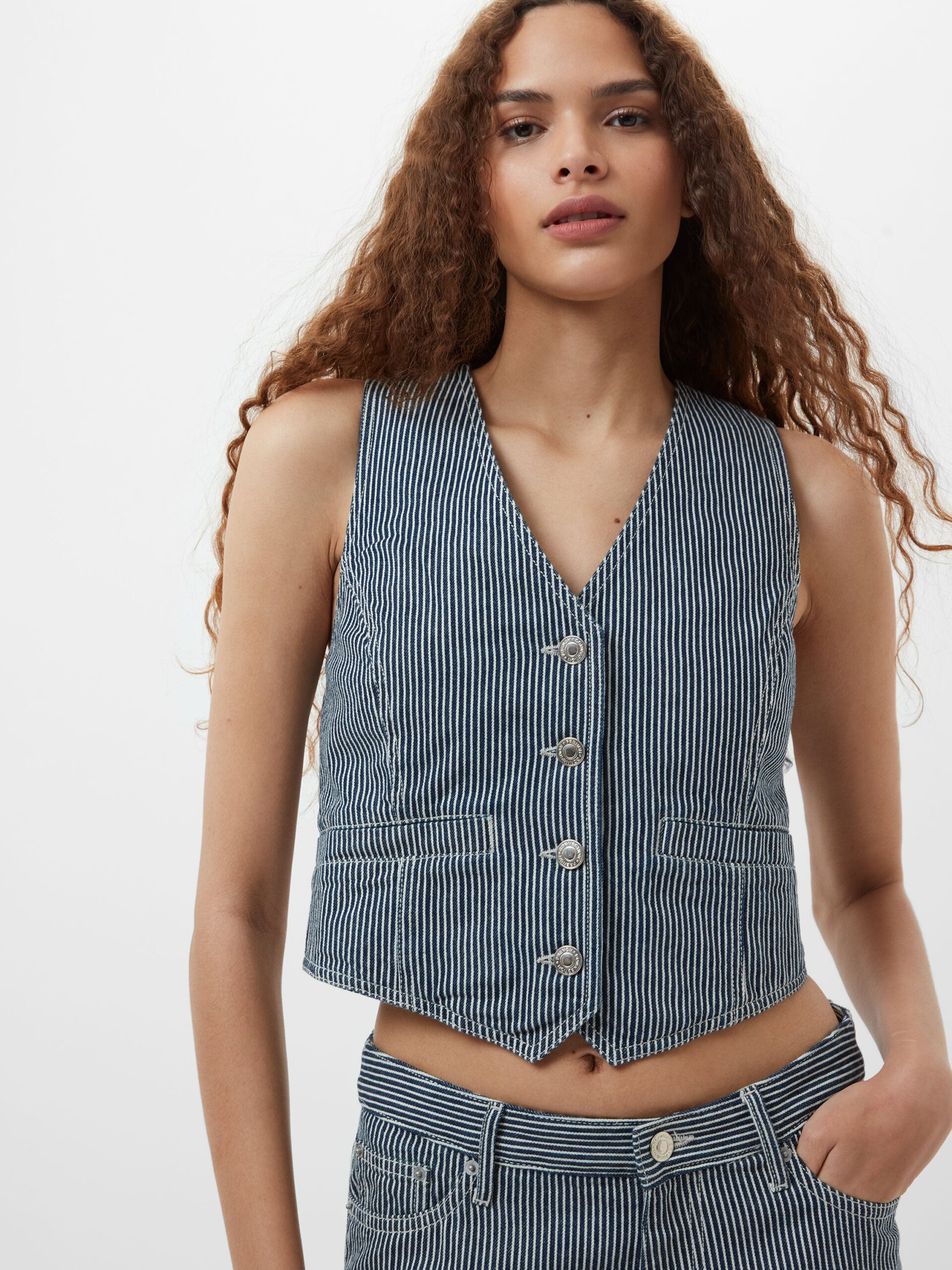 Everett Stripe Denim Waistcoat Indigo/White Denim