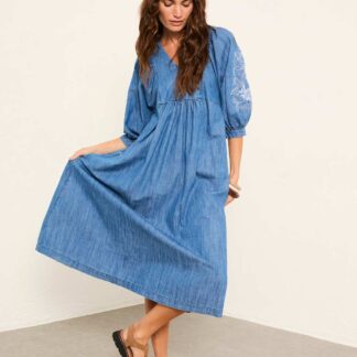 FatFace Denim Embroidered Midi Waisted Dress Indigo
