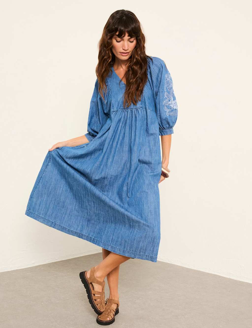 FatFace Denim Embroidered Midi Waisted Dress Indigo