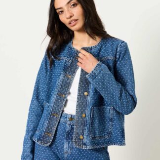 FatFace Denim Polka Dot Collarless Jacket Denim Mix