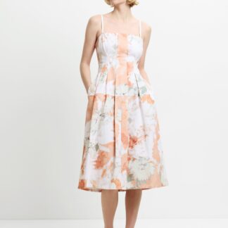 Feo Printed Denim Midi Dress Tangerine Orange Floral Print