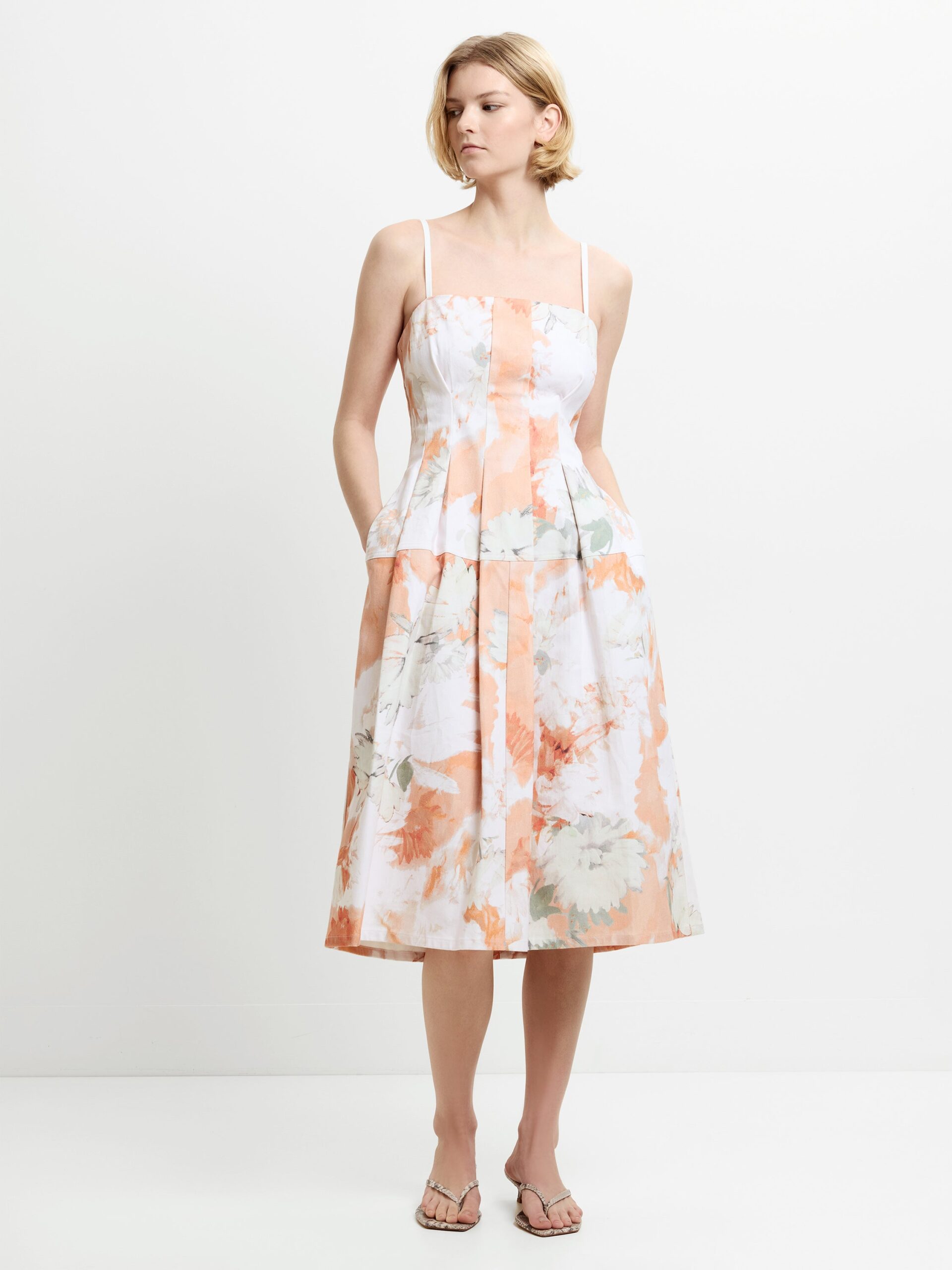 Feo Printed Denim Midi Dress Tangerine Orange Floral Print