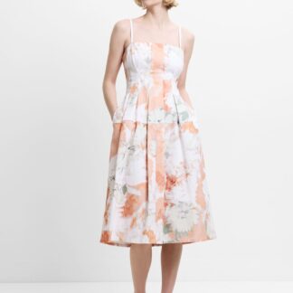 French Connection Denim Floral Square Neck Midi Skater Dress Orange Mix