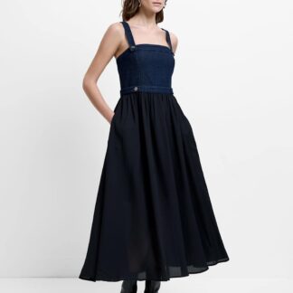 French Connection Denim Square Neck Strappy Midi Skater Dress Black