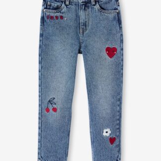 Girls' embroidered floral Mom jeans medium blue