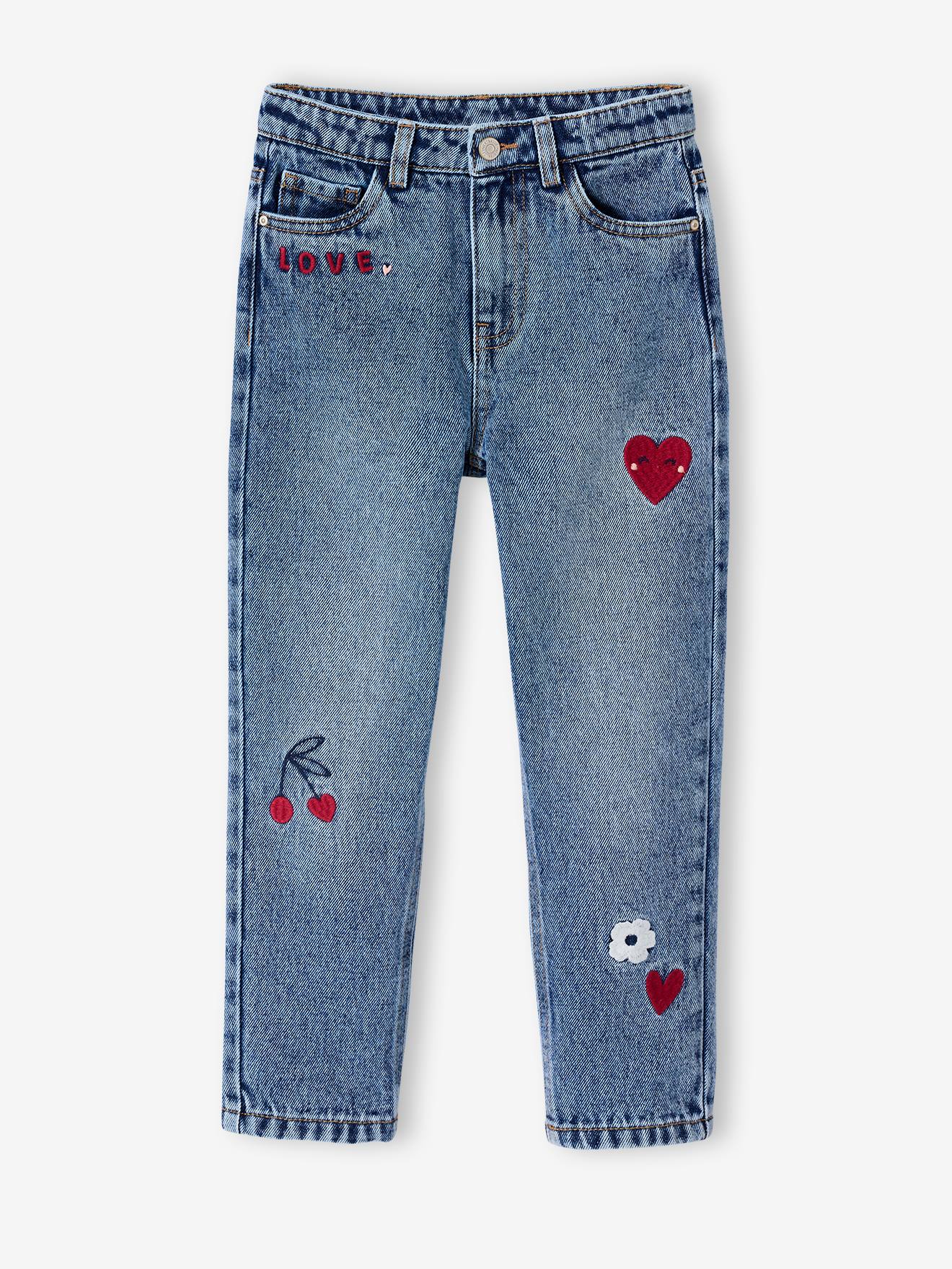 Girls' embroidered floral Mom jeans medium blue