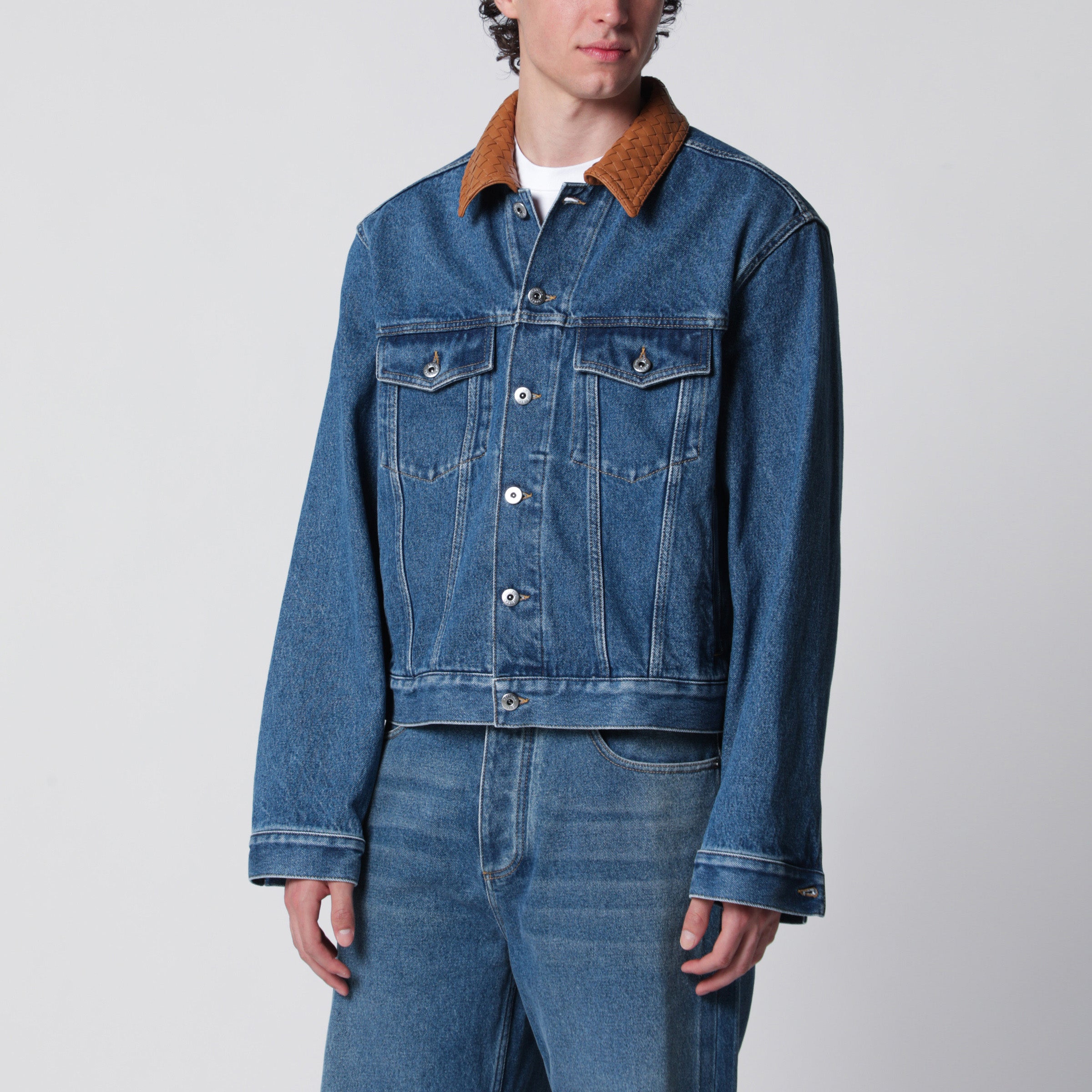 Indigo denim jacket with Intrecciato collar