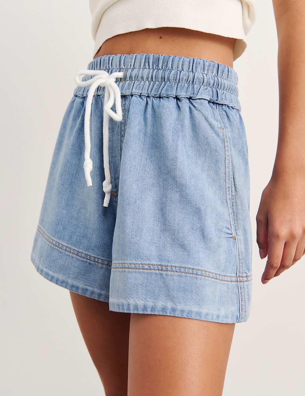 Jag Denim High Waisted Drawstring Shorts Light Blue