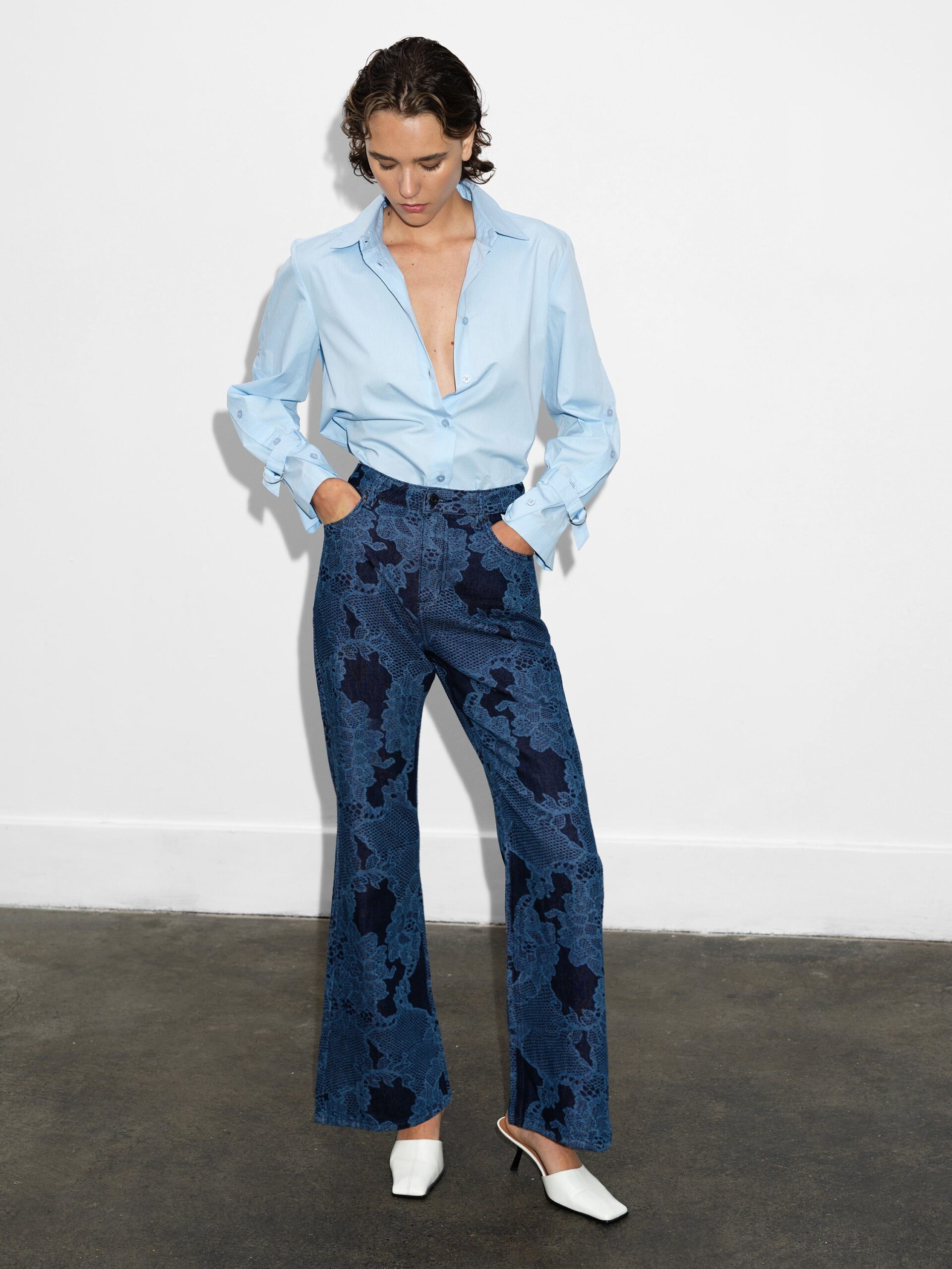 Jennie Denim Lace Print Flared Jeans Dark Indigo