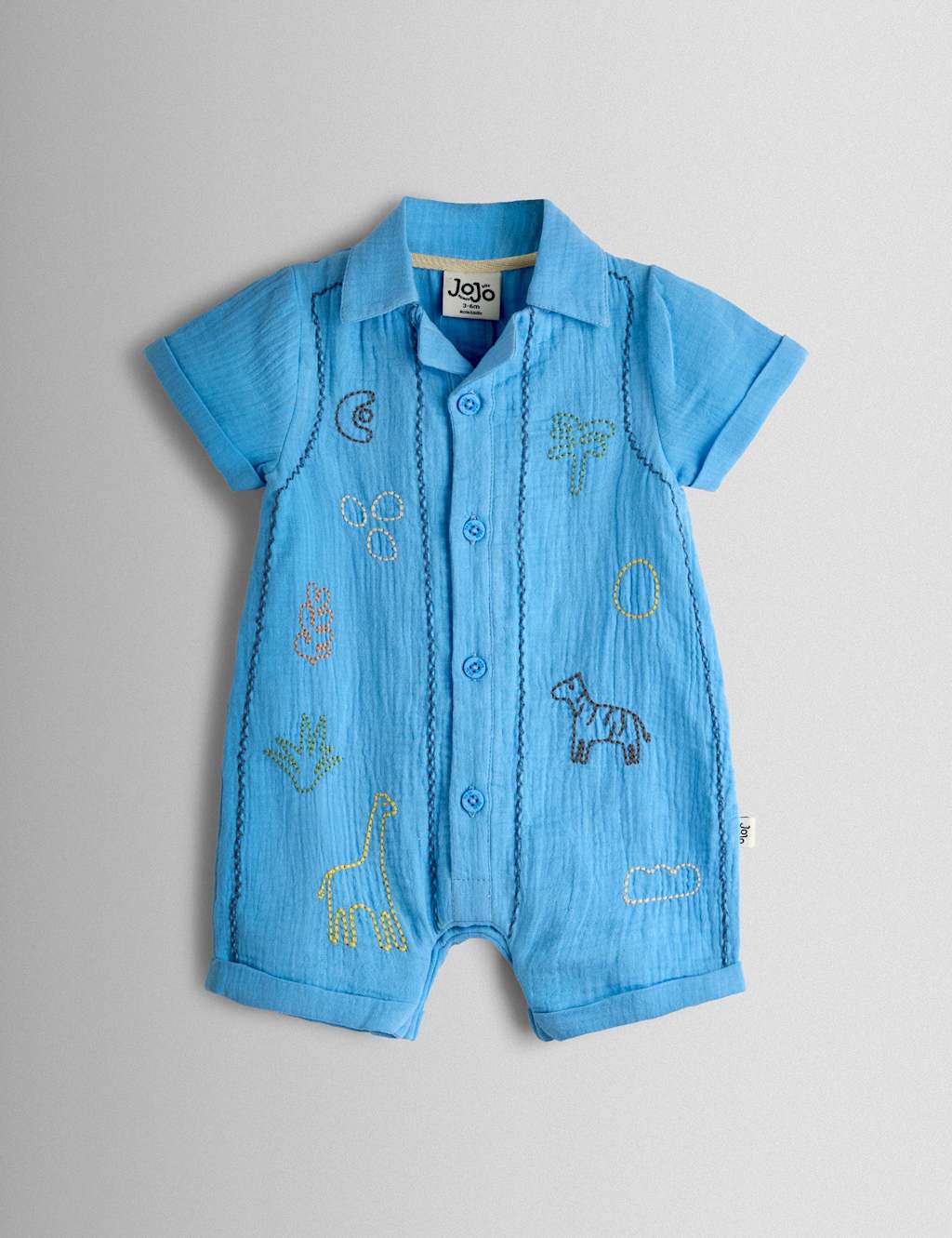 JoJo Maman Bébé Pure Cotton Embroidered Safari Romper (0-24 Mths) Denim
