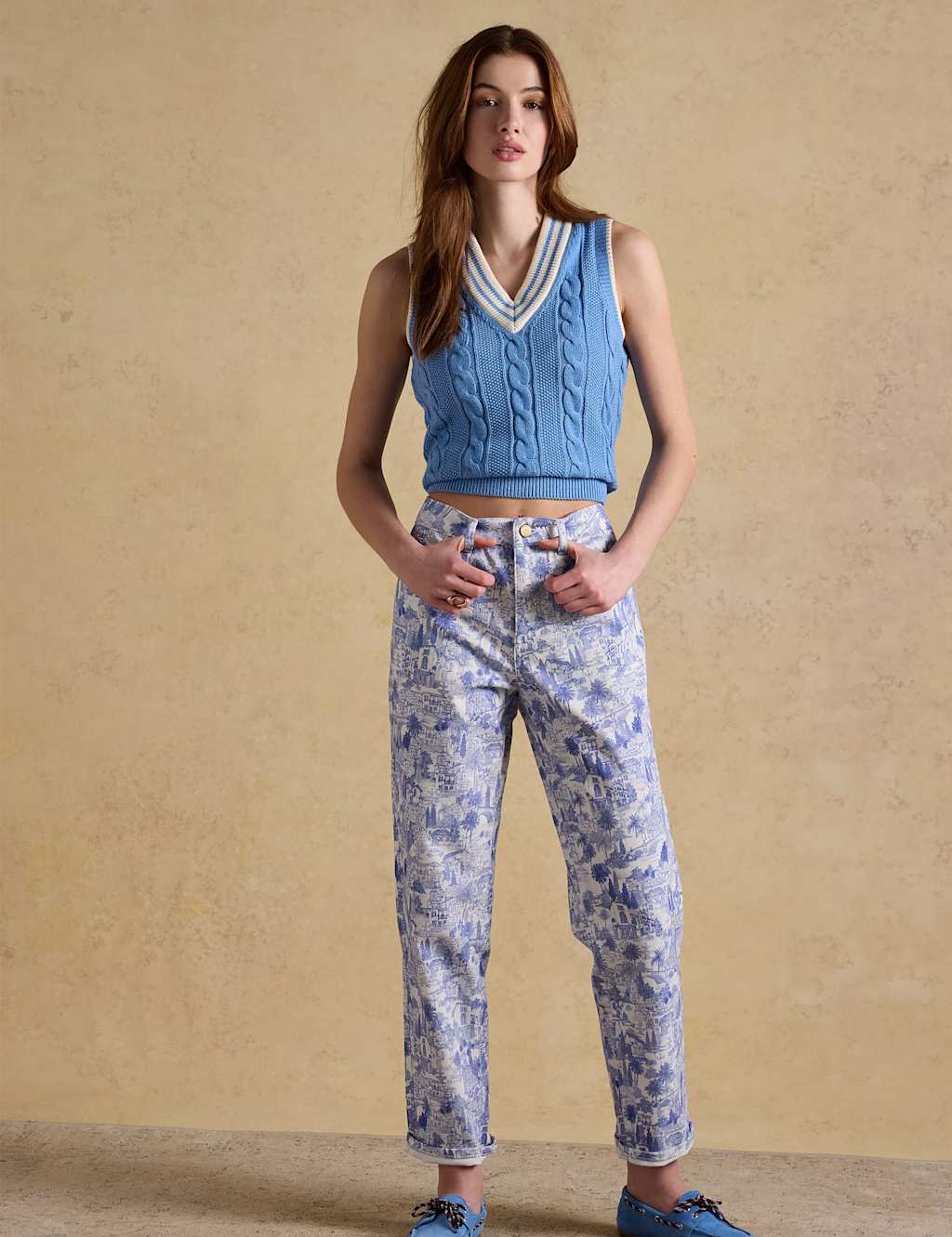 Joules Toile Landscape Print Mid Rise Straight Jeans Blue Mix