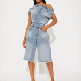 Jumpsuits Blue Notched Neckline Sleeveless Denim Loose Summer One Piece Outfit