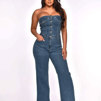 Jumpsuits Blue Strapless Sleeveless Denim Flared Summer One Piece Outfit