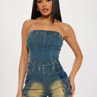 Jumpsuits Blue Strapless Sleeveless Sash Denim Summer Playsuit