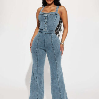 Jumpsuits Blue Straps Neck Sleeveless Denim Flared Summer One Piece Outfit