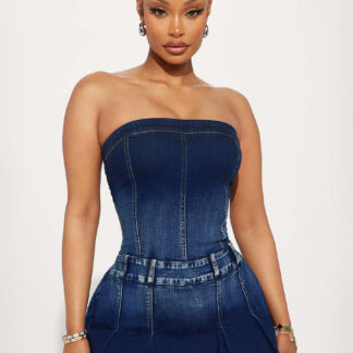 Jumpsuits Deep Blue Strapless Sleeveless Denim Summer Playsuit
