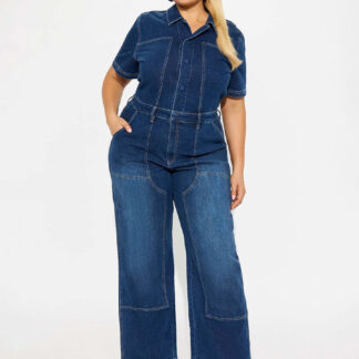 Jumpsuits Deep Blue Turndown Collar Short Sleeves Denim Flared Summer Playsuit
