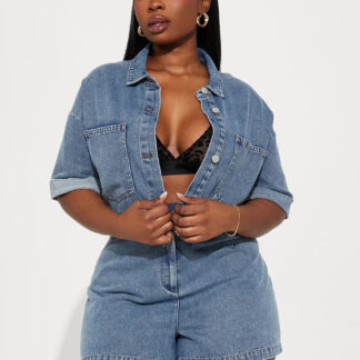 Jumpsuits Deep Blue Turndown Collar Short Sleeves Denim Summer Playsuit