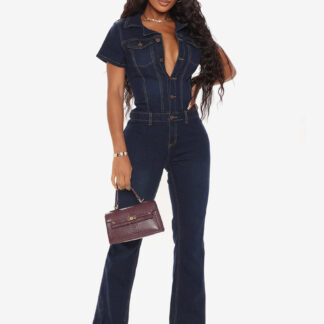 Jumpsuits Deep Blue Turndown Collar Short Sleeves Denim Wide Summer Playsuit