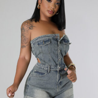 Jumpsuits Illusion Blue Strapless Sleeveless Cut Out Denim Summer Playsuit