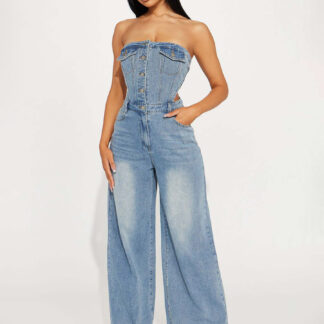 Jumpsuits Light Sky Blue Strapless Sleeveless Denim Loose Summer Playsuit