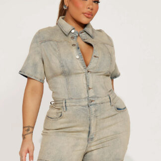 Jumpsuits Light Sky Blue Turndown Collar Short Sleeves Denim Summer One Piece Outfit
