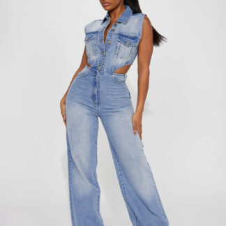 Jumpsuits Light Sky Blue Turndown Collar Sleeveless Cut Out Denim Straight Summer Playsuit