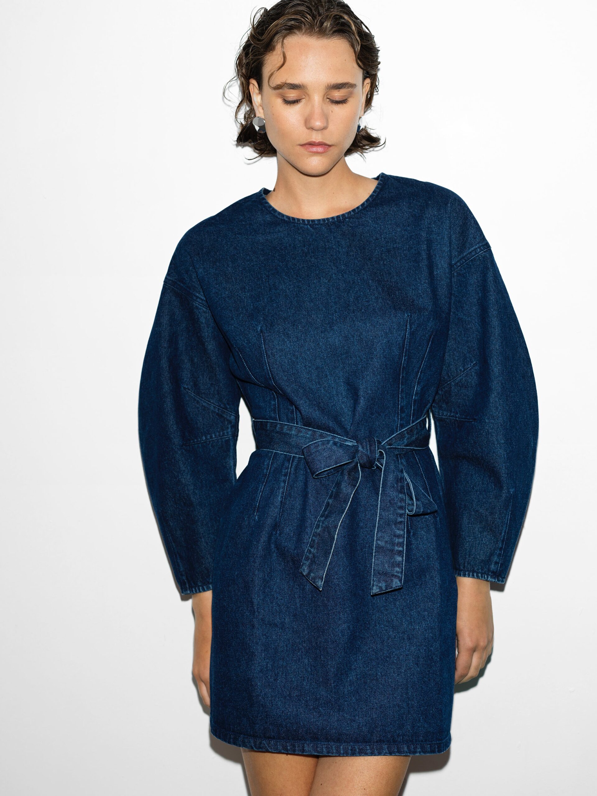 Leighton Denim Banana Sleeve Mini Dress Dark Indigo