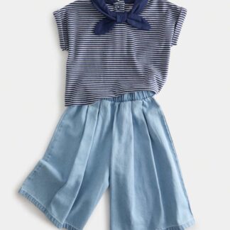 M&S 2 Piece Striped Top and Culottes Outfit (0-3 Yrs) Denim