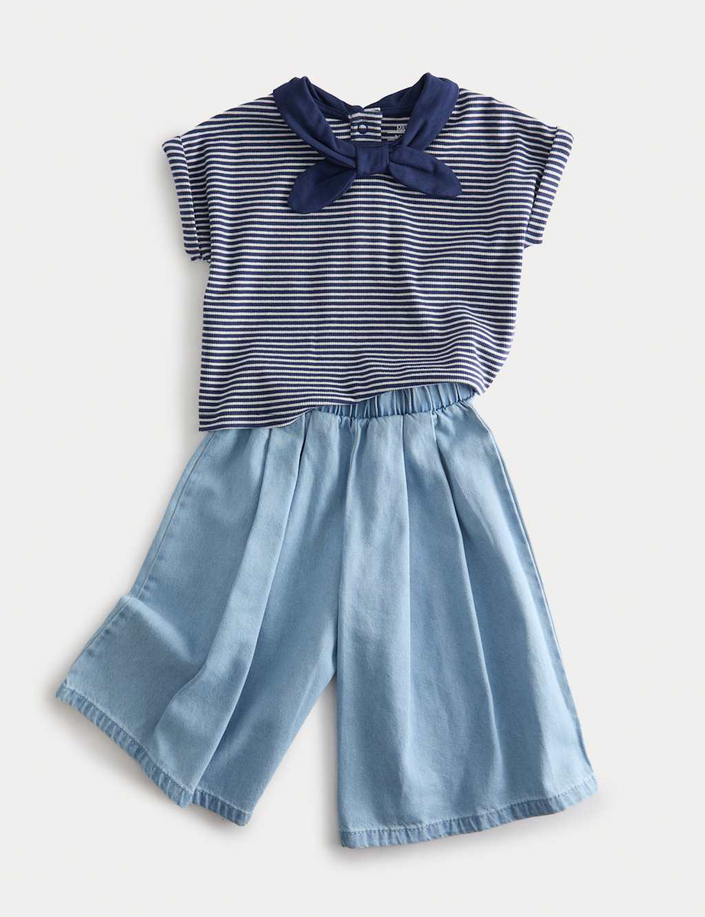 M&S 2 Piece Striped Top and Culottes Outfit (0-3 Yrs) Denim