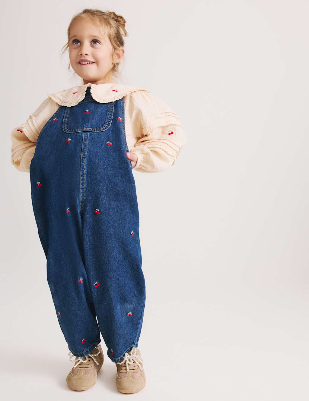 M&S Cotton Rich Embroidered Dungaree Outfit (2-10 Yrs) Denim