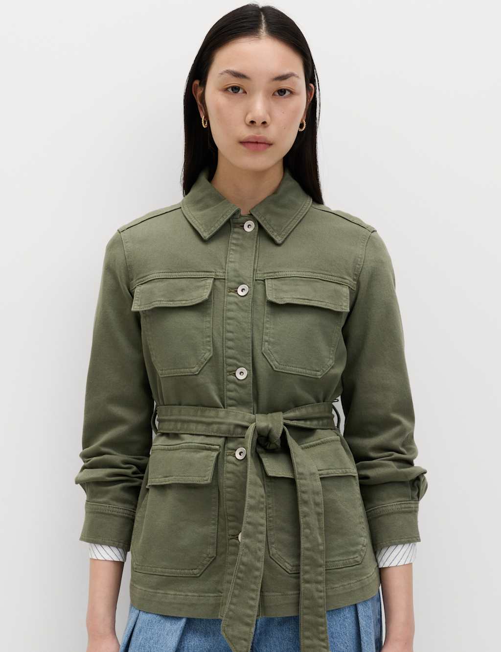 M&S Denim Belted Collared Utility Shacket Hunter Green