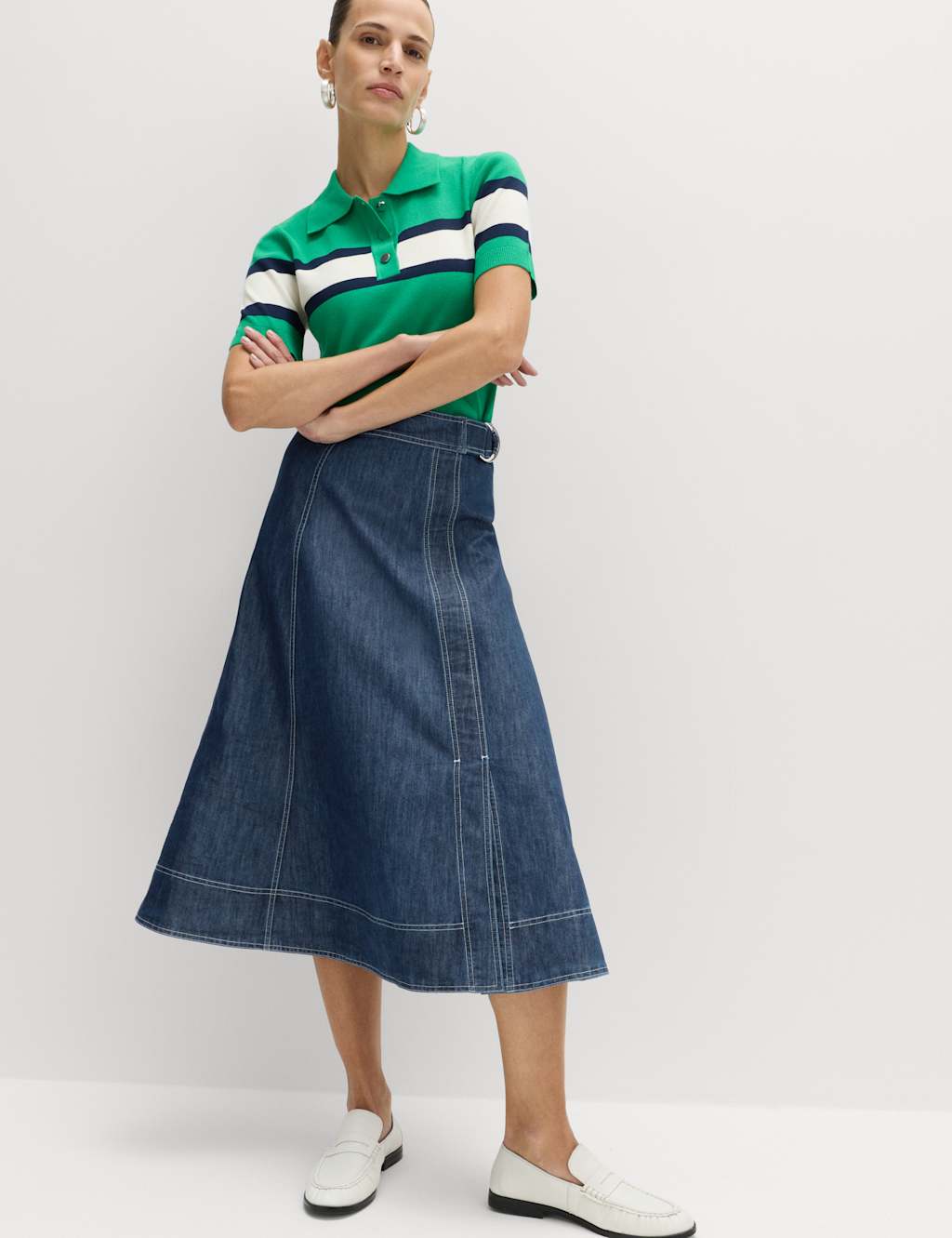 M&S Denim Belted Midi Circle Skirt Denim