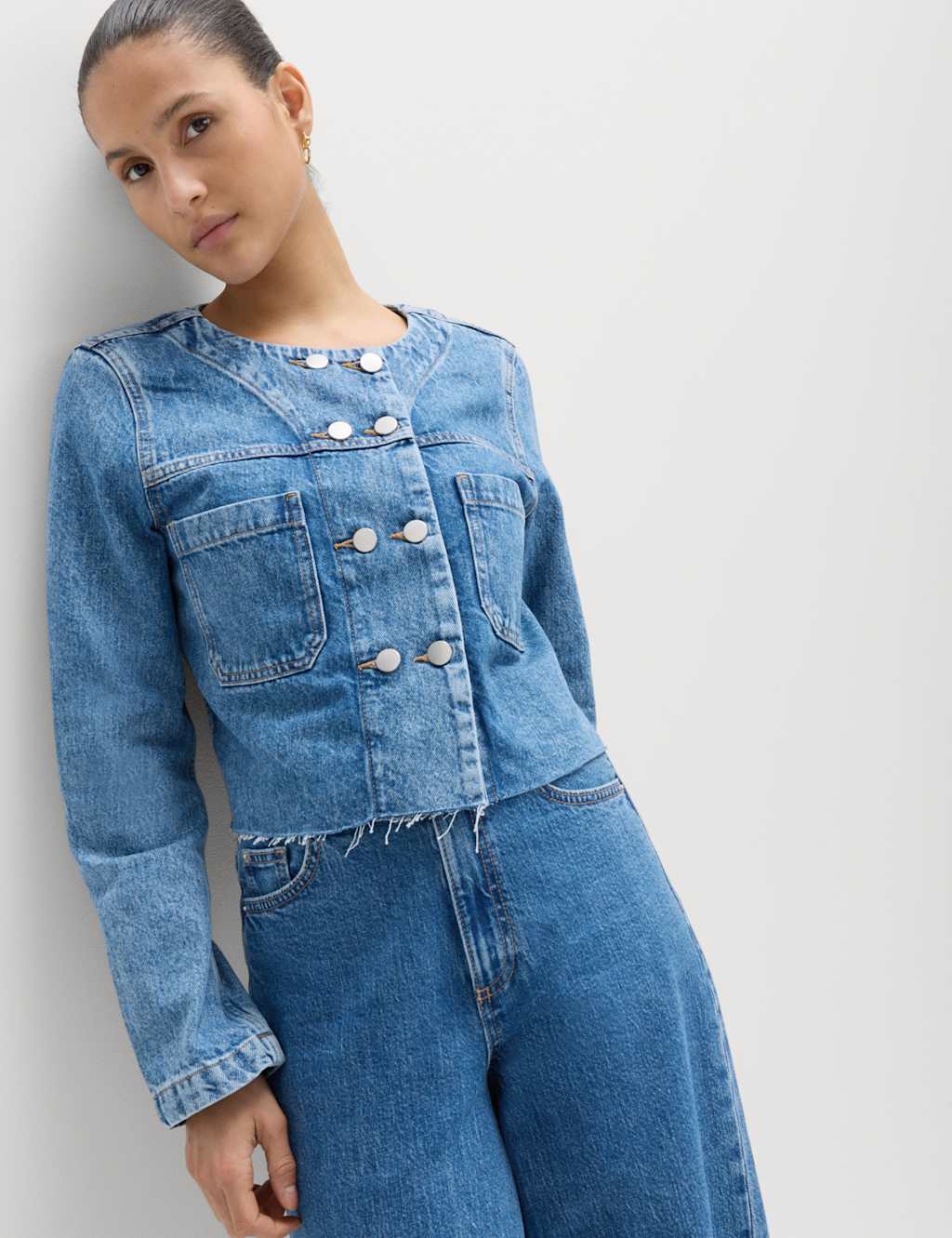 M&S Denim Collarless Double-Breasted Cropped Jacket Medium Indigo