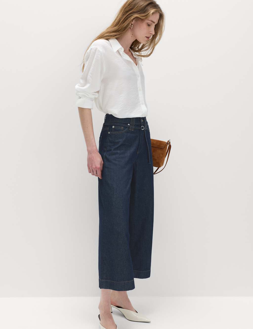 M&S Denim High Waisted Belted Wide Leg Culottes Indigo Mix
