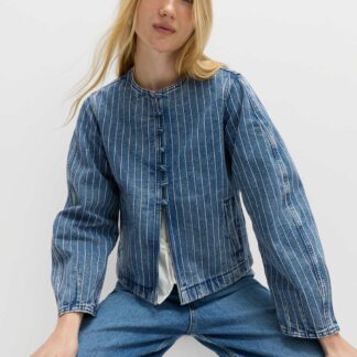 M&S Denim Striped Collarless Jacket Medium Indigo
