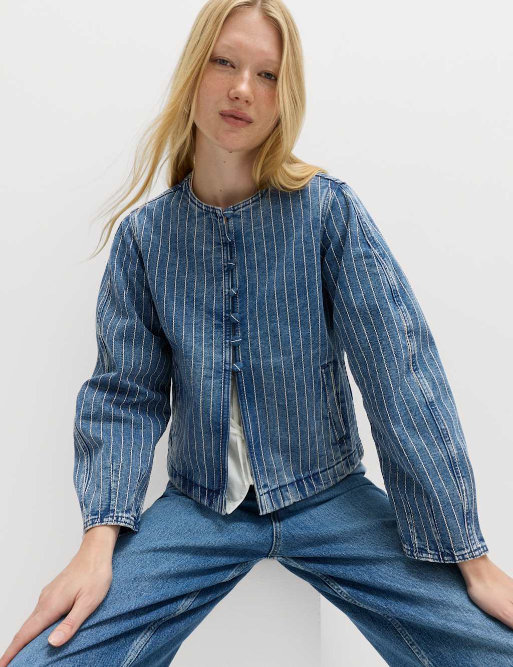 M&S Denim Striped Collarless Jacket Medium Indigo