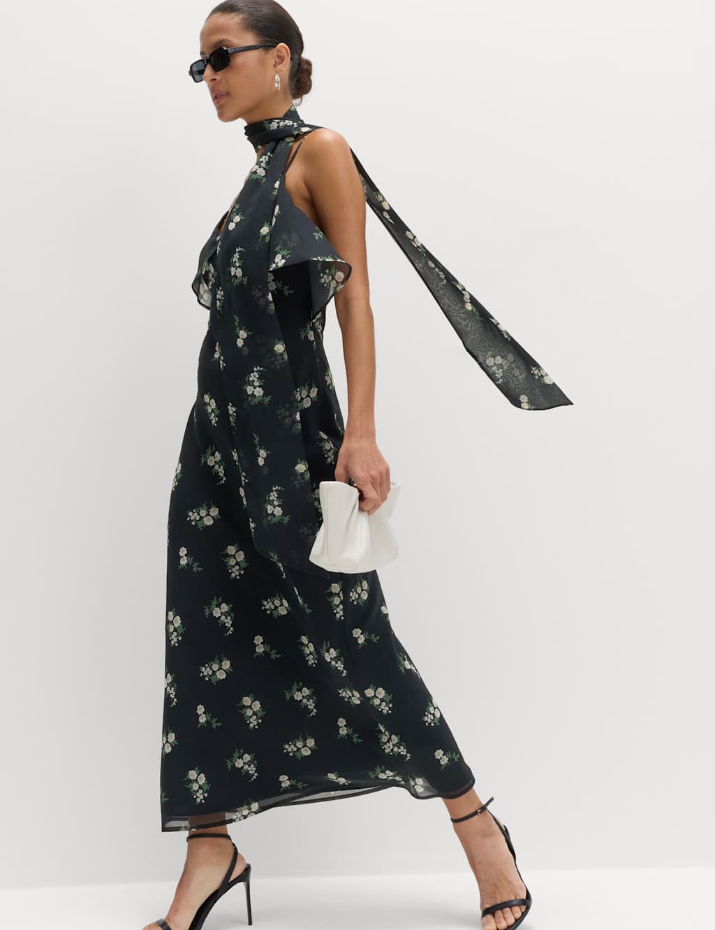 M&S Floral Scarf Detail Midaxi Cami Dress Black Mix