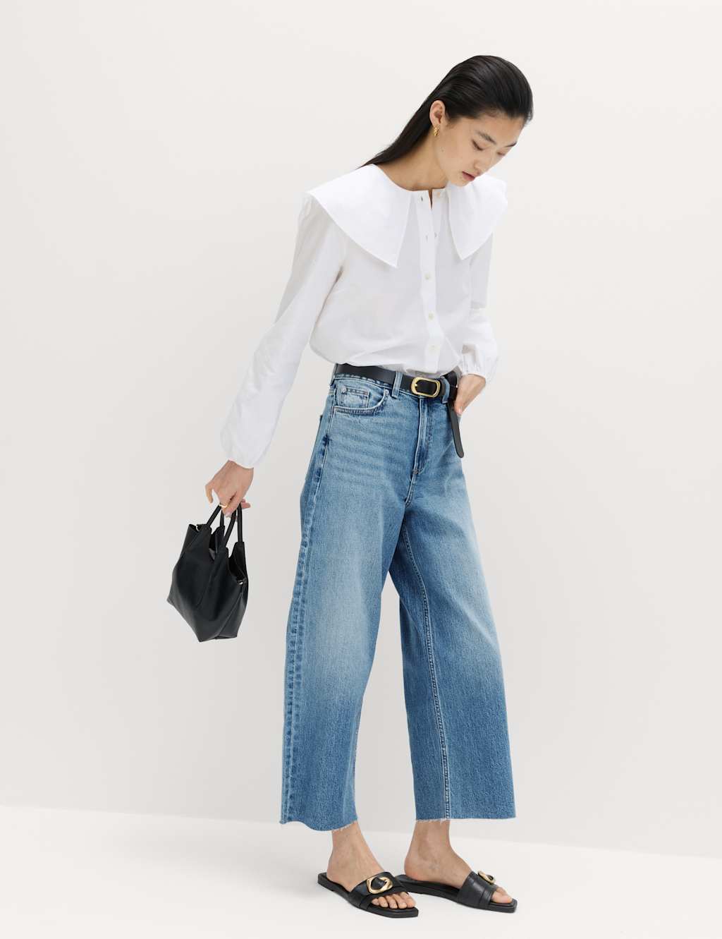 M&S High Waisted Wide Leg Cropped Jeans Light Indigo
