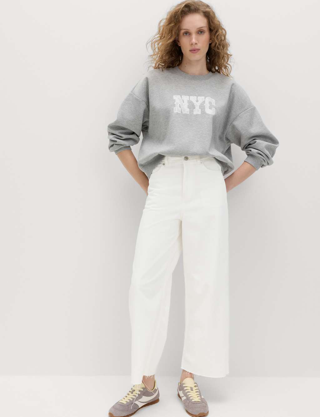 M&S High Waisted Wide Leg Cropped Jeans Soft White